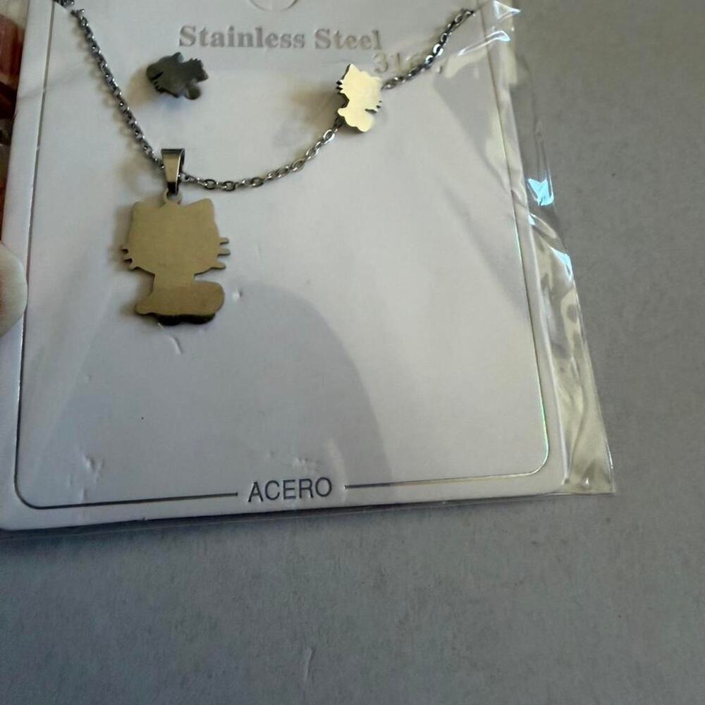 Stainless steel silver cat necklace and earrings